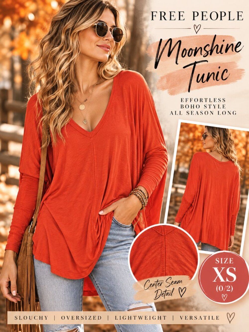 Free People Moonshine Tunic Love Glare Orange Oversized Dolman Top XS Effortless